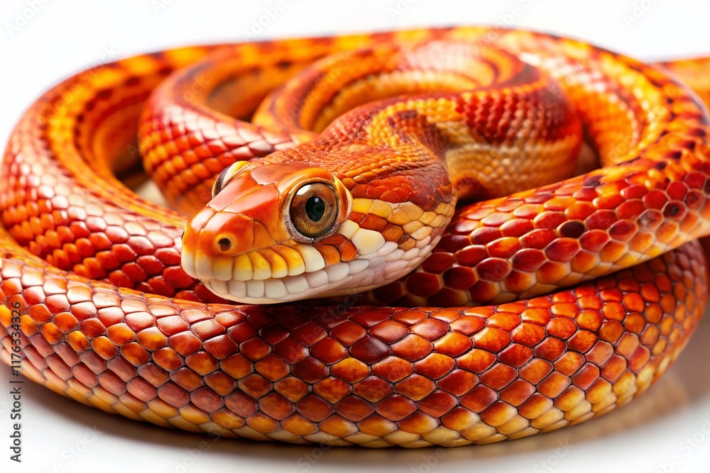 Fototapeta premium Surreal Close-up of a Coiled Corn Snake on White Background - Striking Reptile Photography