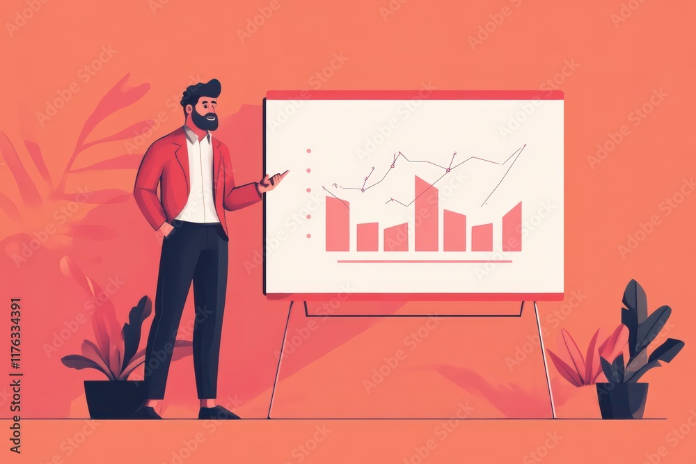 Fototapeta premium . A businessman confidently presenting a business growth chart with rising graphs on a digital screen, showcasing financial success and strategy.