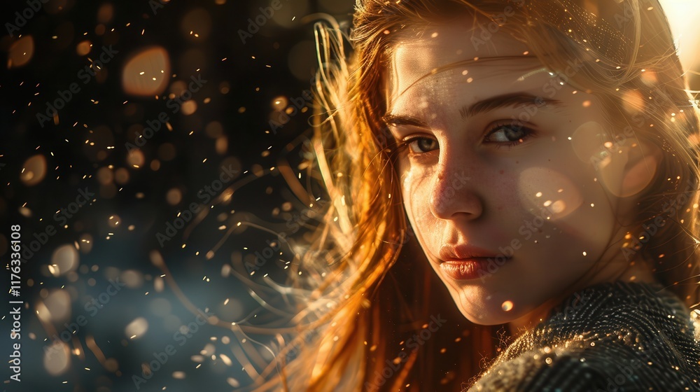 Captivating Portrait of a Young Woman with Flowing Hair Illuminated by Glowing Particles in a Dreamy Outdoor Setting, Evoking a Sense of Wonder and Serenity Captivating Portrait of a Young Woman with Flowing Hair Illuminated by Glowing Particles in a Dreamy Outdoor Setting, Evoking a Sense of Wonder and Serenity
