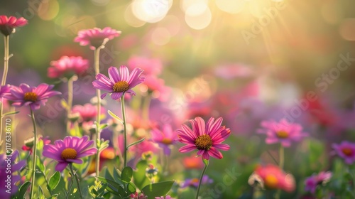 Vibrant Meadow of Pink Flowers Bathed in Golden Light at Sunrise, Creating a Serene and Peaceful Atmosphere in Nature's Splendor
