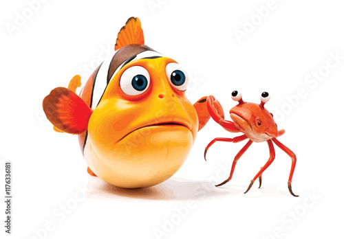Vector image of a fat and cute clownfish looking surprised and confused because it met a small crab.