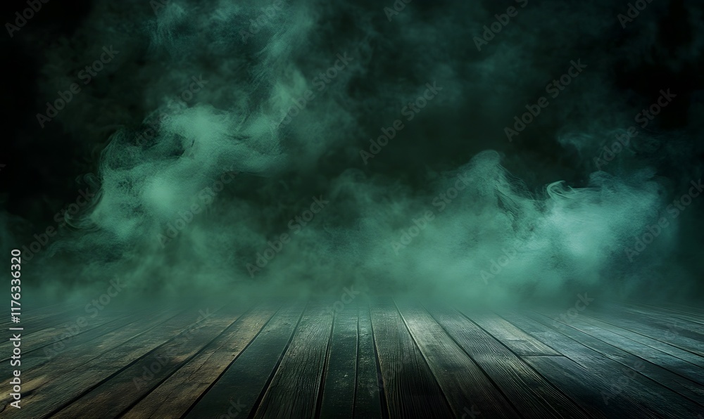 a green fog on a dark background going across wooden floor. Generative AI a green fog on a dark background going across wooden floor. Generative AI