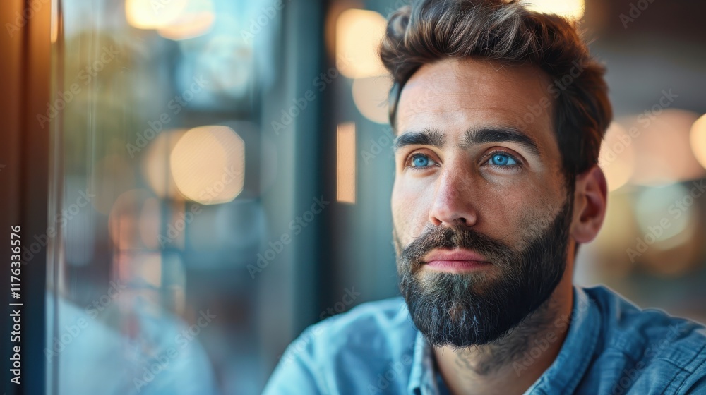 Obraz premium Thoughtful young man with beard gazes out of window, contemplating life, with soft lighting creating a warm and intimate atmosphere in a modern cafe