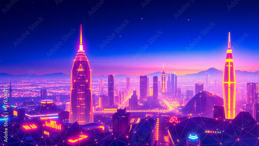 Fototapeta premium AI generative. Background of cityscape and low poly wireframe concept of futuristic style in future dusk atmosphere. 1