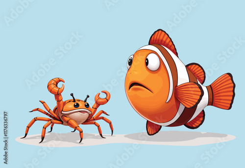 Vector image of a fat and cute clownfish looking surprised and confused because it met a small crab.