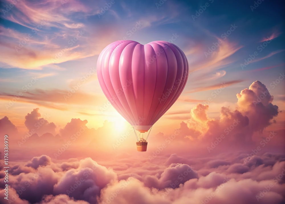 Fototapeta premium Surreal Pink Heart Balloon Floating in Dreamlike Pink Sky - Stock Photo