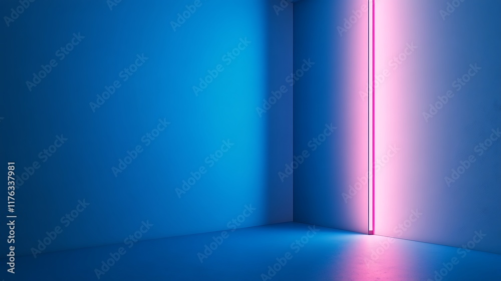 Pink neon light illuminates a blue corner room Pink neon light illuminates a blue corner room