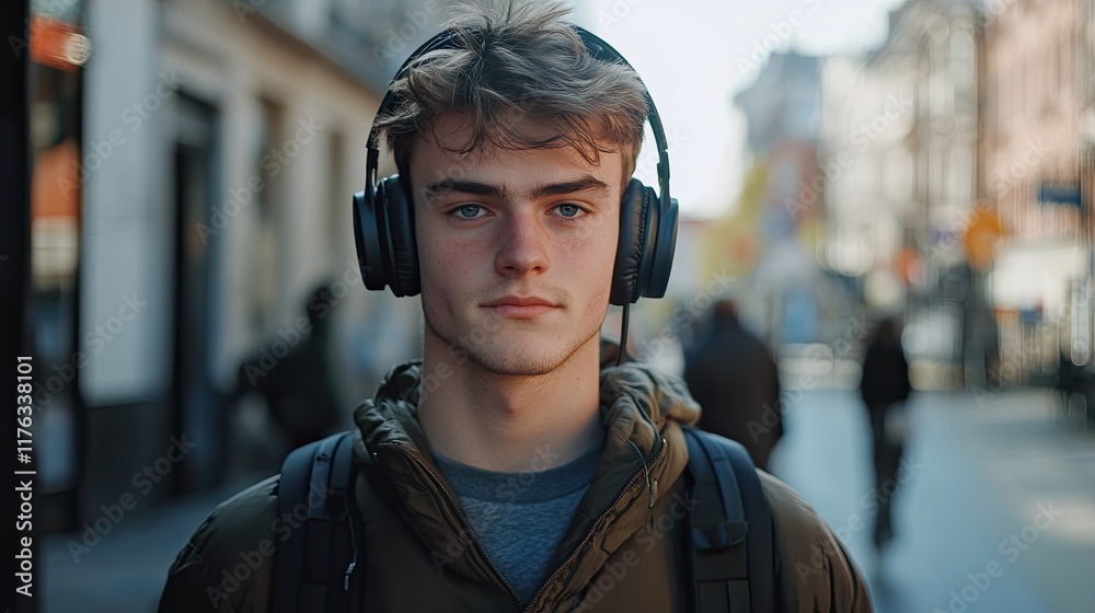 A young man wearing headphones and a brown jacket stands on a city street A young man wearing headphones and a brown jacket stands on a city street