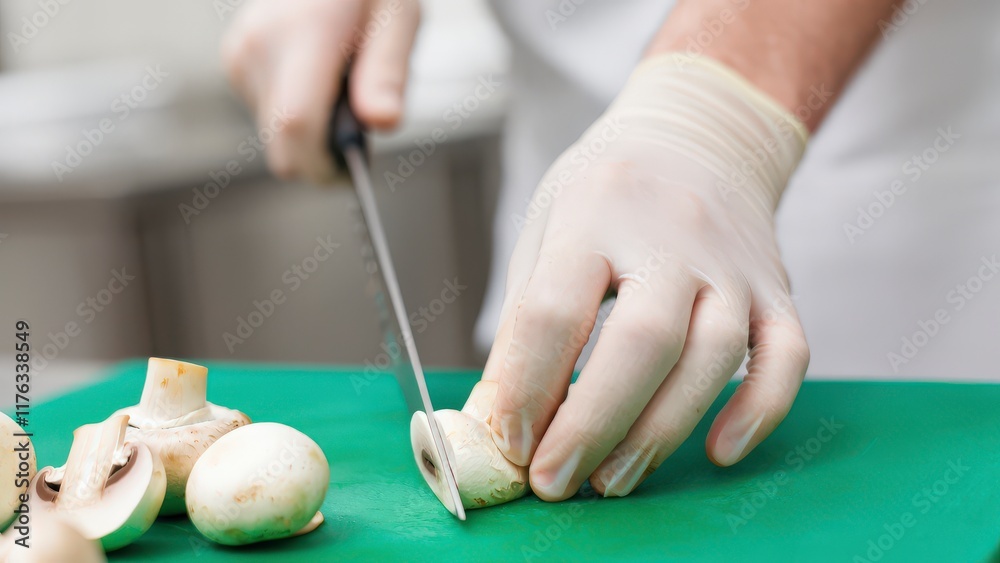 Obraz premium Chef wearing gloves carefully slicing fresh white button mushrooms on a green cutting board