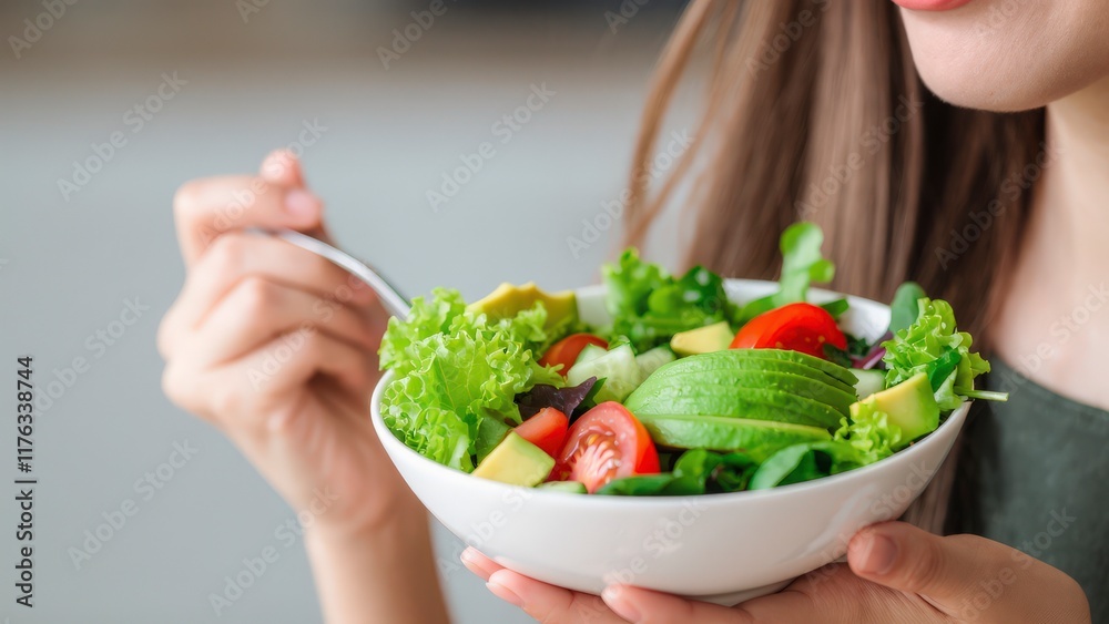 Woman Enjoying a Fresh and Healthy Salad with Avocado and Mixed Greens Woman Enjoying a Fresh and Healthy Salad with Avocado and Mixed Greens