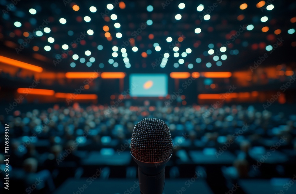 A microphone is on a table in front of a large audience