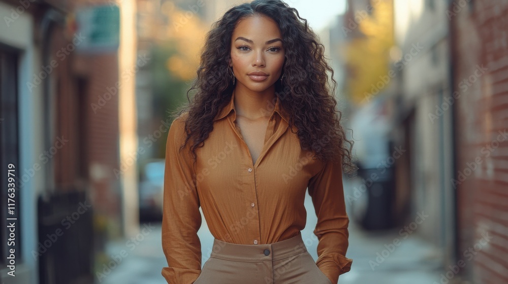 Beautiful woman in brown shirt and trousers standing confidently on the street, blurred background in natural light, warm tones of brown, gold and light colors, urban fashion portrait Beautiful woman in brown shirt and trousers standing confidently on the street, blurred background in natural light, warm tones of brown, gold and light colors, urban fashion portrait