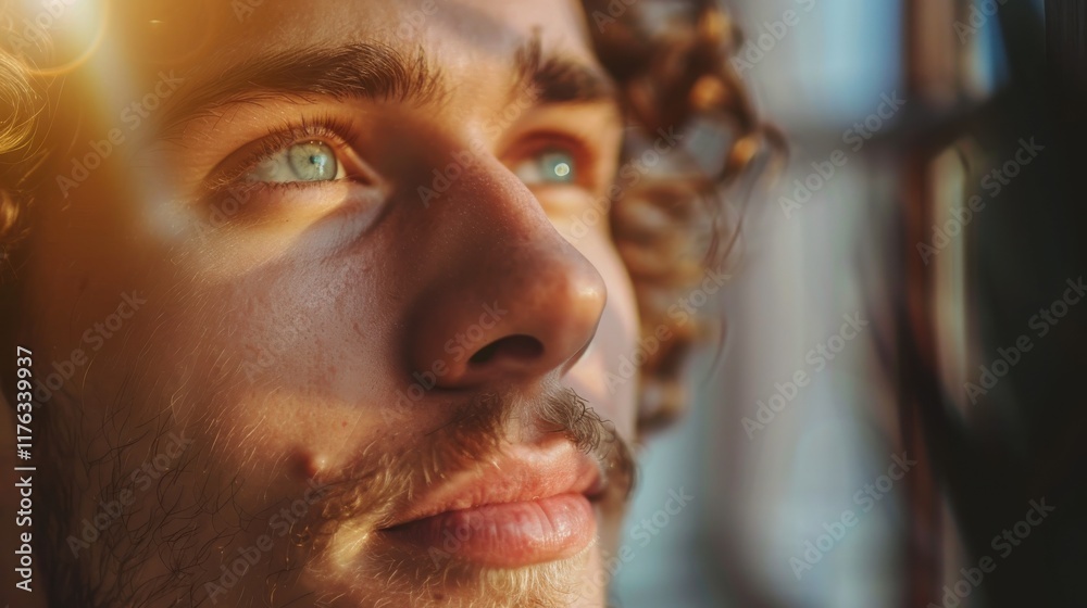 Close-Up Portrait of a Thoughtful Young Man with Curly Hair and Blue Eyes Gazing into the Distance, Illuminated by Soft Natural Light with a Serene Expression Close-Up Portrait of a Thoughtful Young Man with Curly Hair and Blue Eyes Gazing into the Distance, Illuminated by Soft Natural Light with a Serene Expression