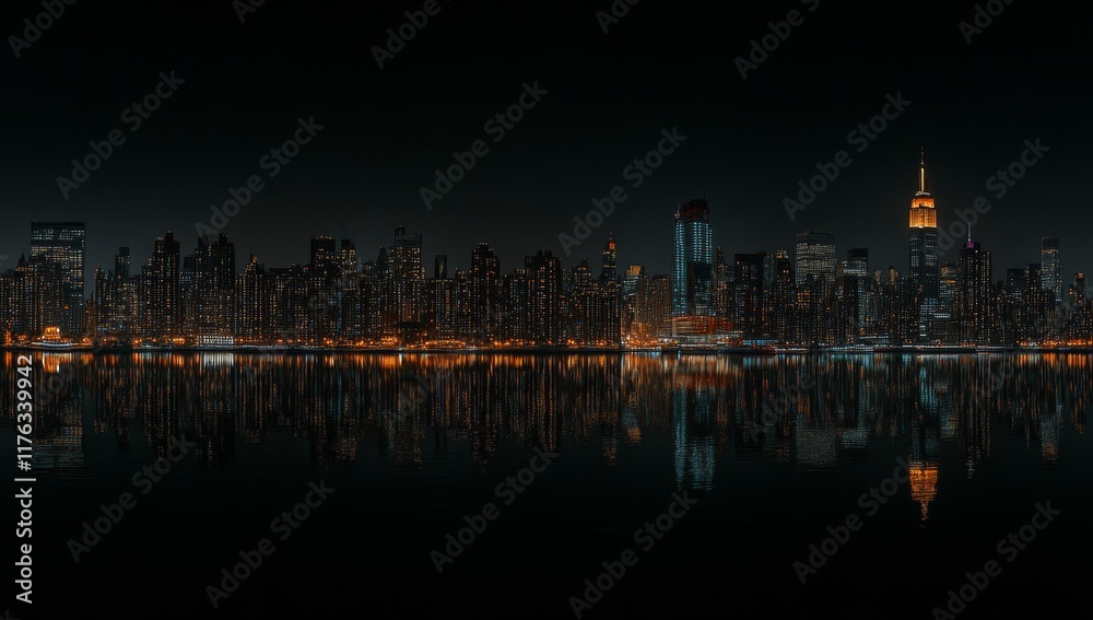 A city skyline is reflected in the water