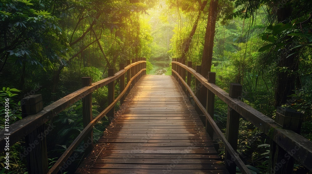 Serene Wooden Bridge Amidst Lush Green Foliage and Sunlight Filtering Through Trees in Idyllic Forest Setting Serene Wooden Bridge Amidst Lush Green Foliage and Sunlight Filtering Through Trees in Idyllic Forest Setting