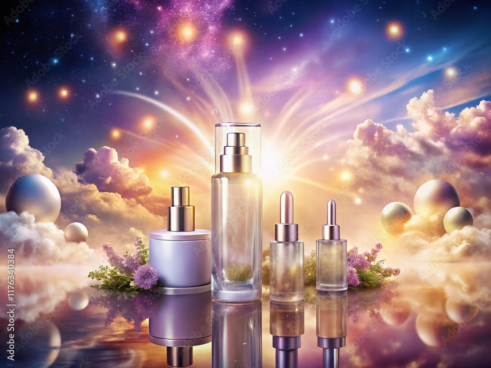 Surreal Skincare Product Display: Floating Bottles & Ethereal Glow Surreal Skincare Product Display: Floating Bottles & Ethereal Glow