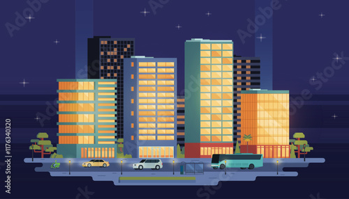 Night City Landscape with Buildings and Street Elements. Urban Building Scene. Editable Vector Illustration