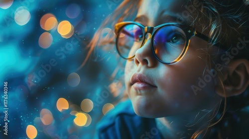 Enchanting Portrait of a Thoughtful Child Wearing Glasses with Dreamy Bokeh Lights Creating a Magical and Reflective Atmosphere in a Soft Color Palette