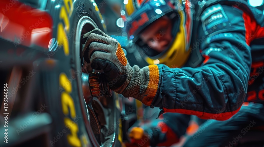 A Pit Crew Member Tightening a Tire During an Intense Race Moment A Pit Crew Member Tightening a Tire During an Intense Race Moment