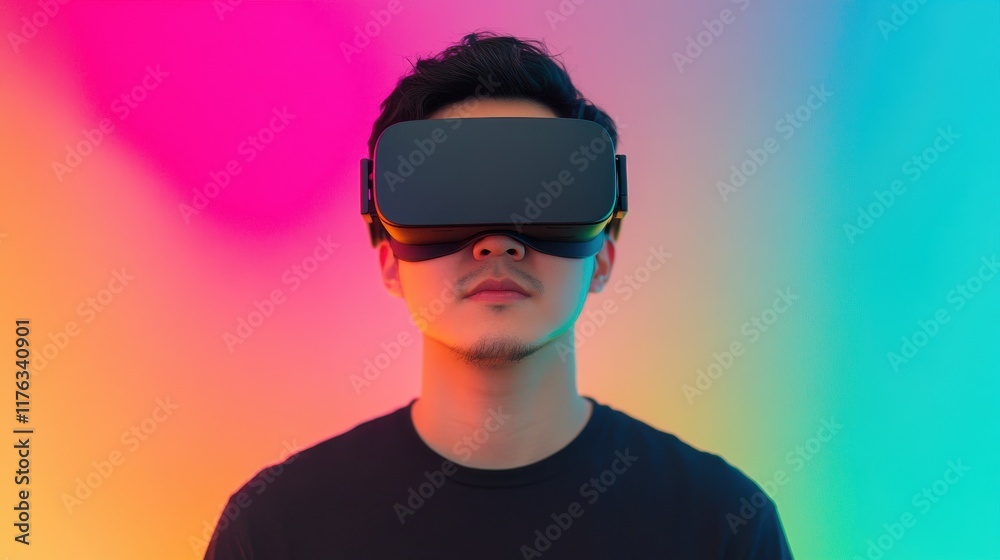 Technology that has become part of life. Person wearing VR glasses with fast-moving motion lights in the background. Technology that has become part of life. Person wearing VR glasses with fast-moving motion lights in the background.