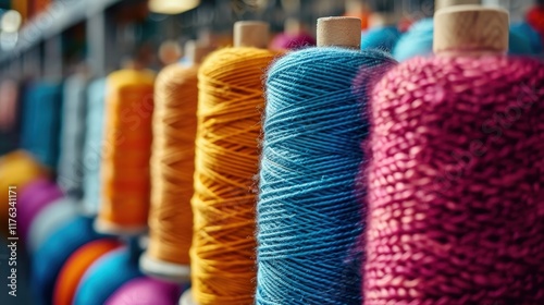 A Vibrant Display of Yarn Spools Showcasing Colorful Textures and Crafting Possibilities photo