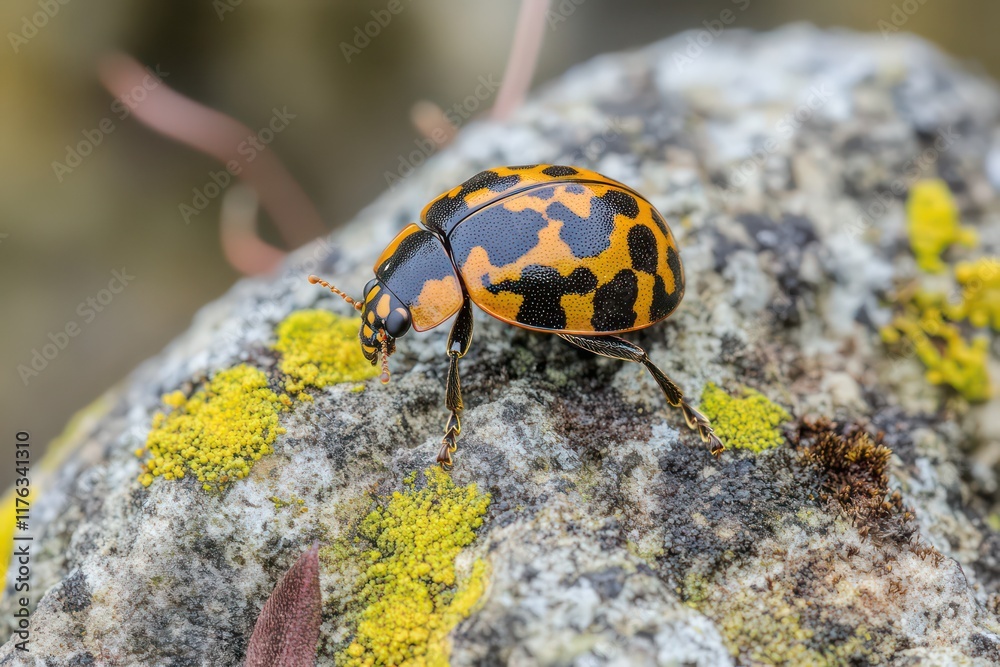 . A ladybug crawling on a mossy rock, captured in a close-up nature macro shot with earthy tones. . A ladybug crawling on a mossy rock, captured in a close-up nature macro shot with earthy tones.