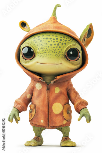 Cute alien character wearing hoodie, with large eyes and frog like features, standing confidently. This whimsical creature combines elements of fantasy and playfulness photo