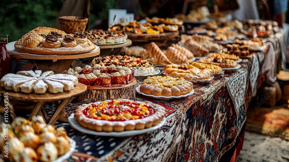 Fototapeta premium Abundant table of delicious pastries and cakes at an outdoor event.