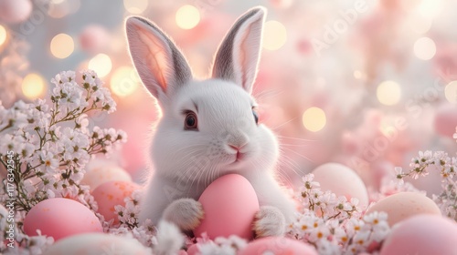 Adorable bunny nestled among pastel Easter eggs and blossoms. A delightful spring scene! photo