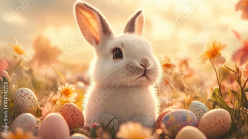 Adorable bunny nestled amongst colorful Easter eggs in a sunlit meadow. photo