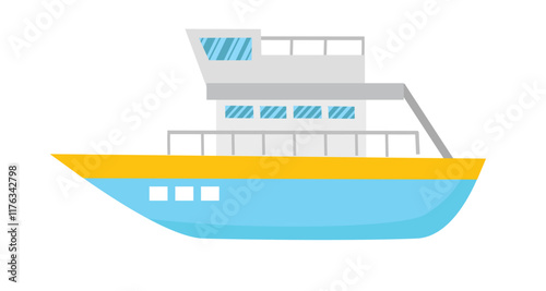 Blue ship illustration. Blue sailor boat. Sailboat. Fishing boat. Boat. Vessel. Warship. Freighter. Steamship. Liner. Keel. Yacht. 