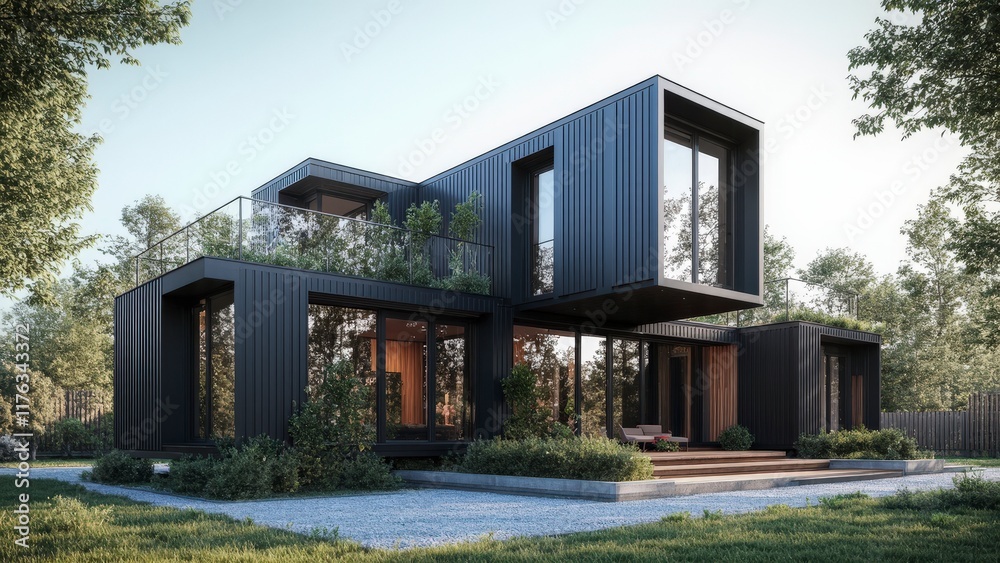 Modern Black Container House with Green Roof and Ample Natural Light Modern Black Container House with Green Roof and Ample Natural Light