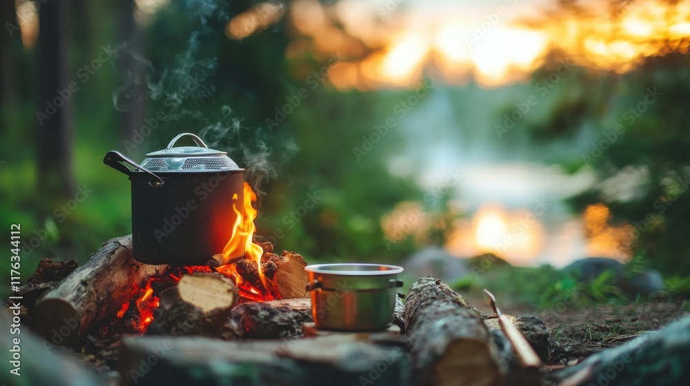 Cozy Campfire Cooking in the Serene Forest at Sunset Cozy Campfire Cooking in the Serene Forest at Sunset