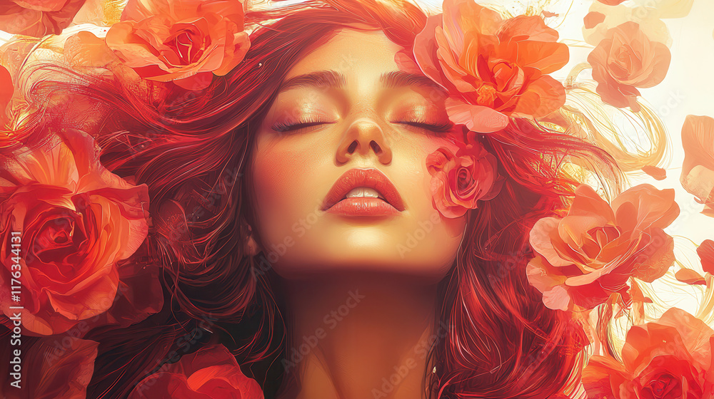 Fototapeta premium captivating image of woman with vibrant rose hair, surrounded by blooming flowers, exuding serene and enchanting aura