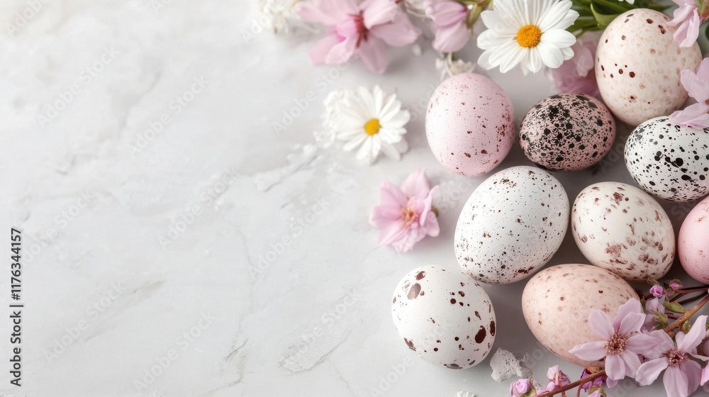 Fototapeta premium Pastel Easter eggs nestled amongst delicate blossoms. Springtime elegance!