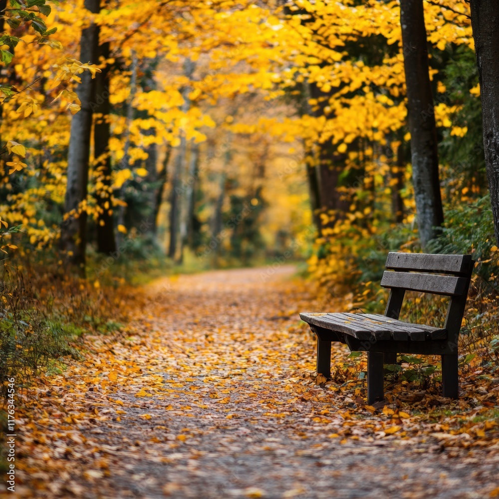 Serene Autumn Pathway with Yellow Leaves and Wooden Bench Serene Autumn Pathway with Yellow Leaves and Wooden Bench