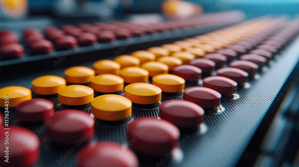 Medicine Tablets in Packaging: A Close-Up View of Rows of Red and Yellow Pills Medicine Tablets in Packaging: A Close-Up View of Rows of Red and Yellow Pills