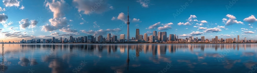 Obraz premium A city skyline with a river running through it