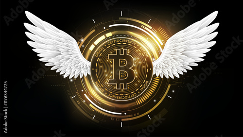 Golden bitcoin symbol with glowing wings on a futuristic digital background, representing freedom, innovation, and decentralized finance, vector illustration