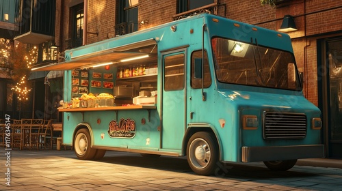 A vibrant food truck parked in a lively urban setting.