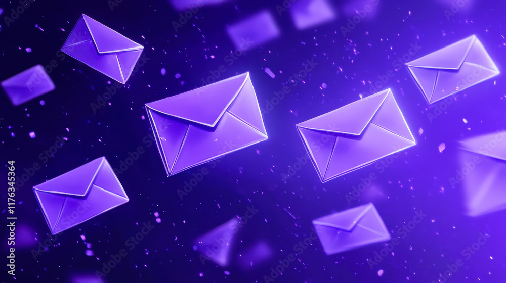 Letter envelopes falling on purple background, concept of various messages