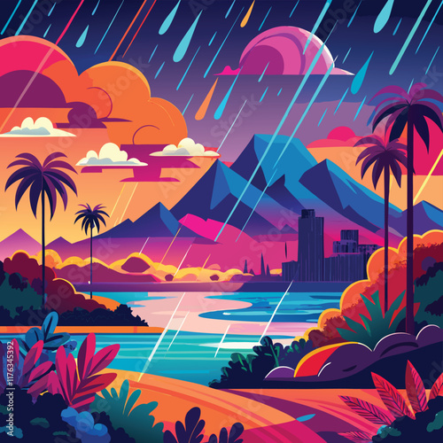 A high-quality, eye-catching image of a vibrant monsoon scene, such as a scenic landscape with monsoon rain or an urban view with rain effects.