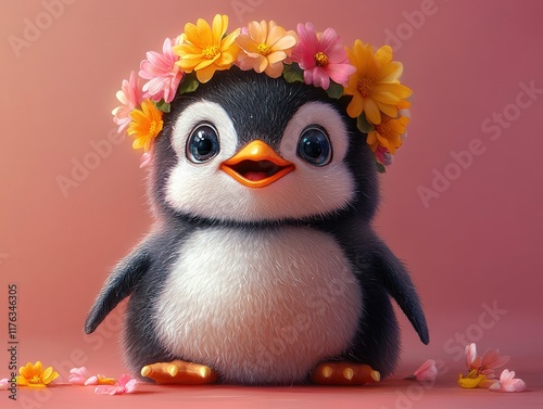 A cute penguin wearing a flower crown, smiling against a pastel background, exuding joy and charm. photo