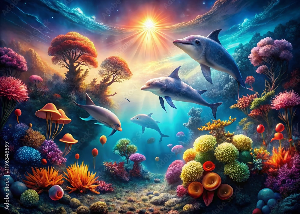 Obraz premium Surreal Underwater Scene: Mystical Sea Creatures in Vibrant Coral Reef