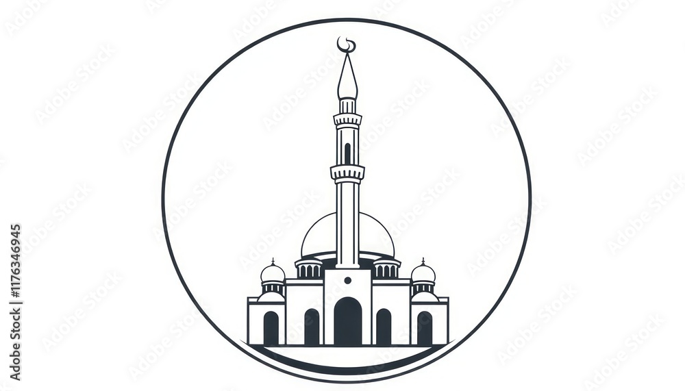 Fototapeta premium Monochrome mosque icon with a detailed minaret and ornamental circular frame.