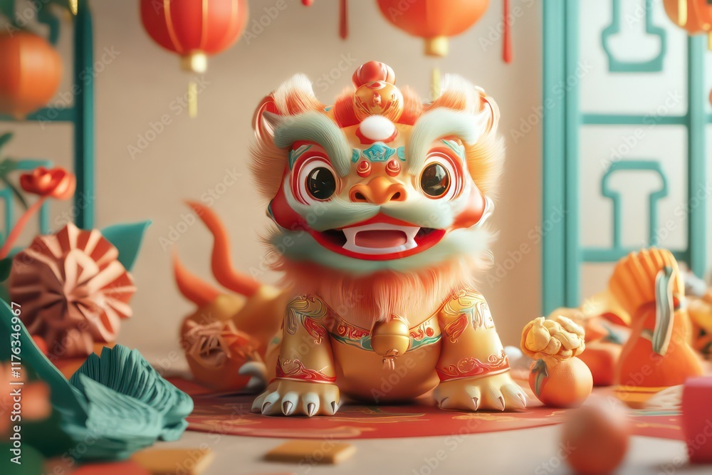 Fototapeta premium . A smiling Chinese traditional lion sitting amidst festival decorations, embodying joy and the spirit of celebration.