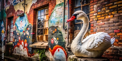 Fototapeta Naklejka Na Ścianę i Meble -  Surreal Urban Swan: Plush White Bird on Grungy Background, Space for Text