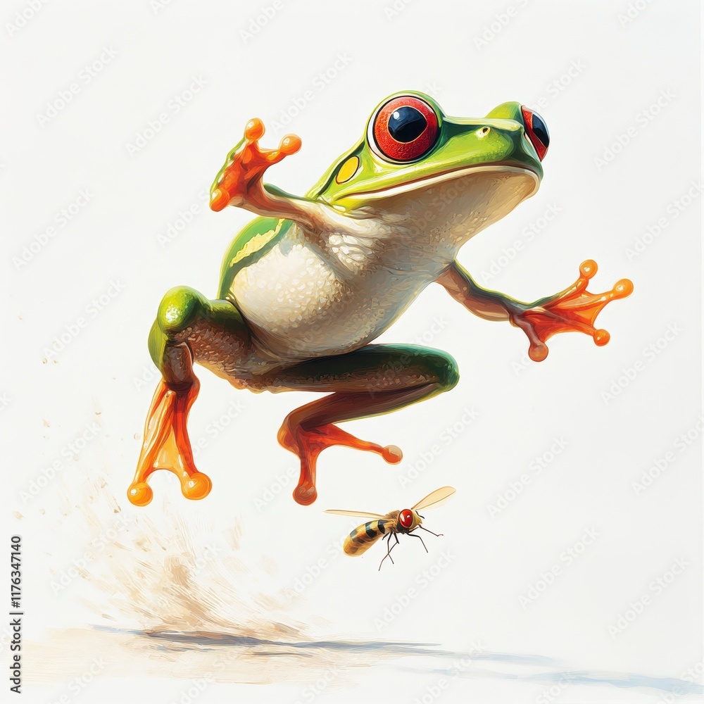 Fototapeta premium Colorful Frog Jumping with a Bee in the Air on a White Background