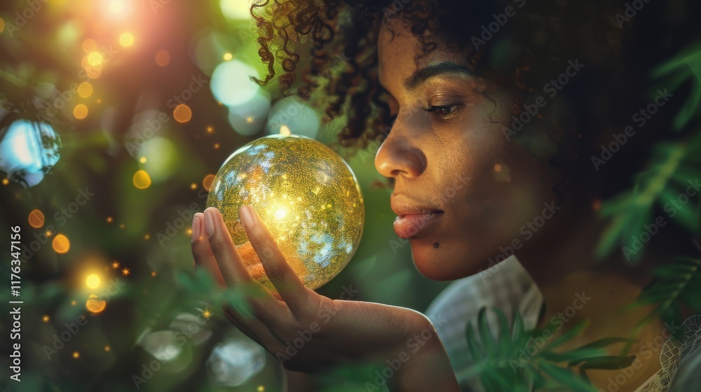 Naklejka premium Enchanting Woman Holding a Glowing Sphere Amidst Lush Greenery and Sparkling Lights, Symbolizing Magic and Nature's Connection in a Dreamy Atmosphere
