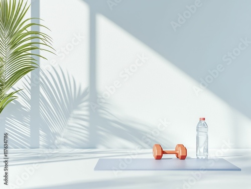 Fitness Minimalist fitness setup with dumbbell and water bottle. photo